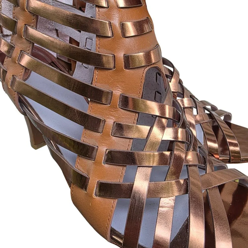 Johnston & Murphy Leather Evie Natural Gold Zip Bootie Leather Heels - Picture 9 of 11